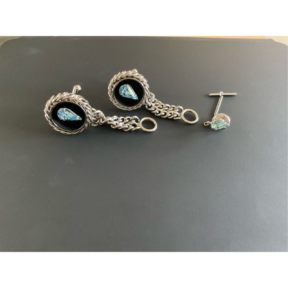 Aquamarine Tone Silver-Toned Chainlink Bold Cufflinks and Tie Pin - Picture 2 of 4
